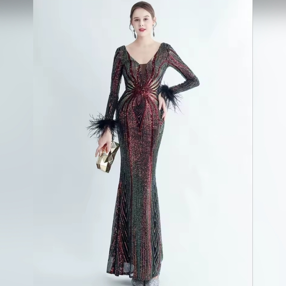 Red and Black Long Sleeve Scoop Neck Wedding Gown